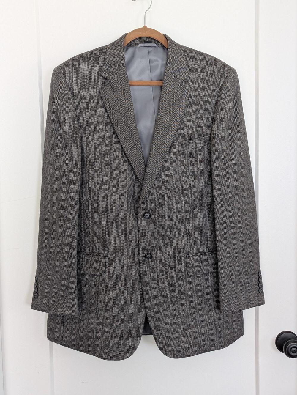Saddlebred 100% Lambswool Herringbone Sport Coat Blazer Men’s 42L Black Grey